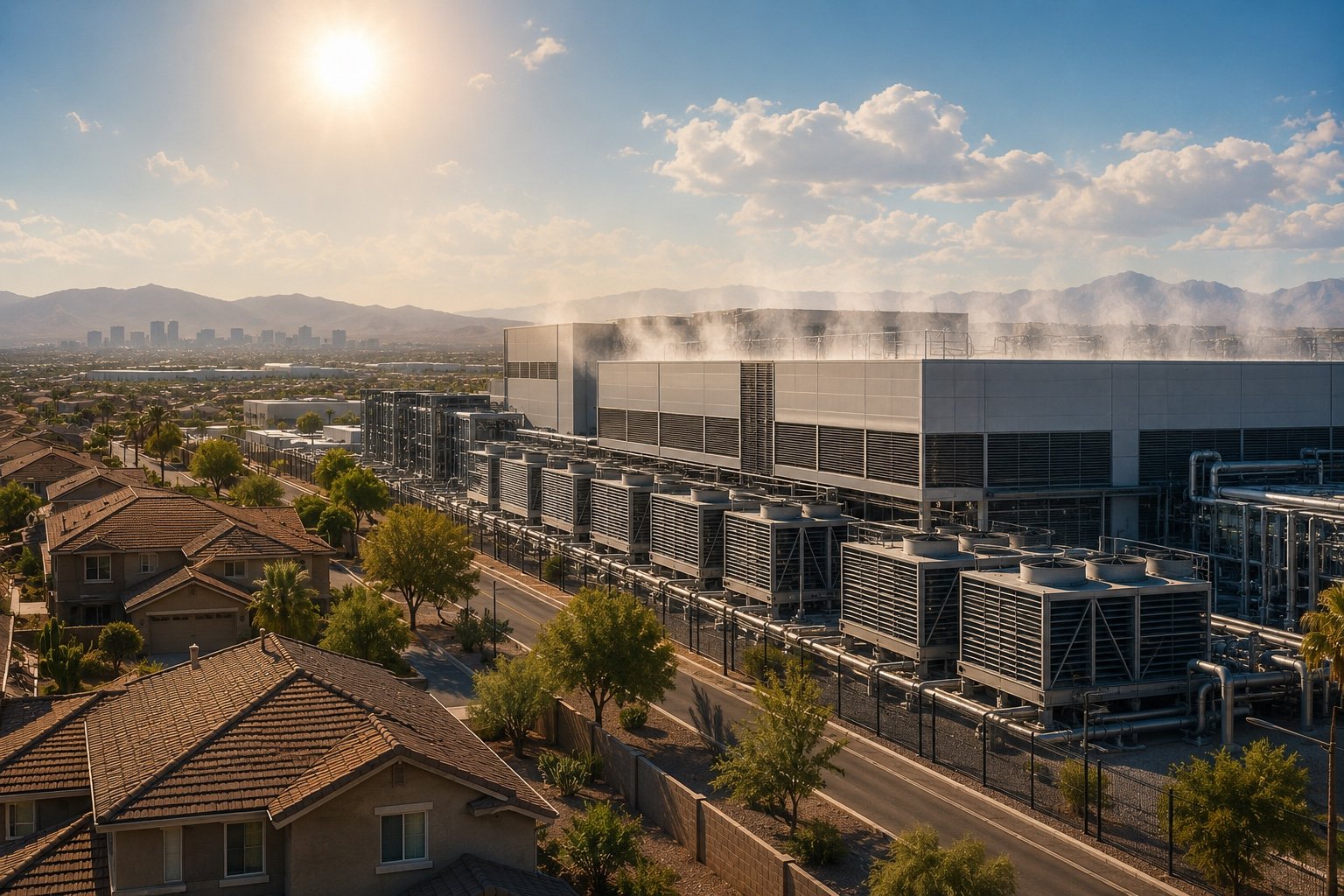 A data centre building with cooling infrastructure close to a residential neighbourhood