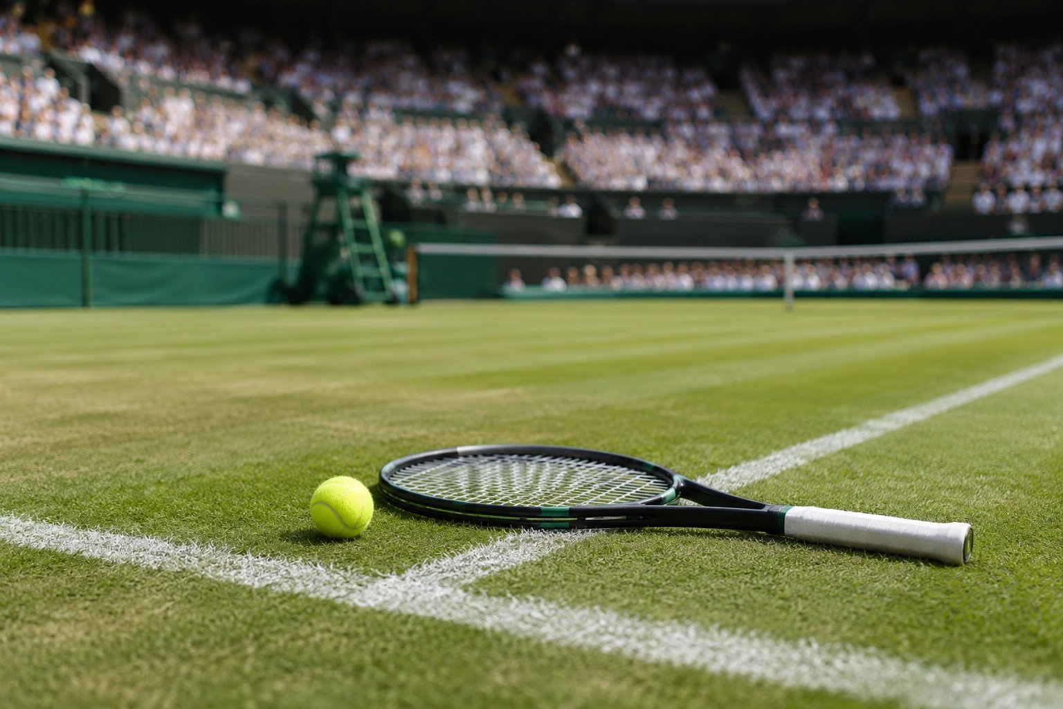 A tennis player celebrating a winning point on a Wimbledon grass court