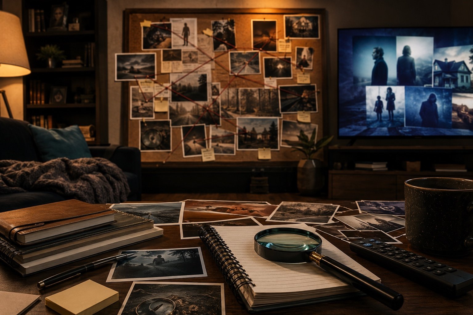 A cosy living room scene with a magnifying glass, notebooks and a television remote