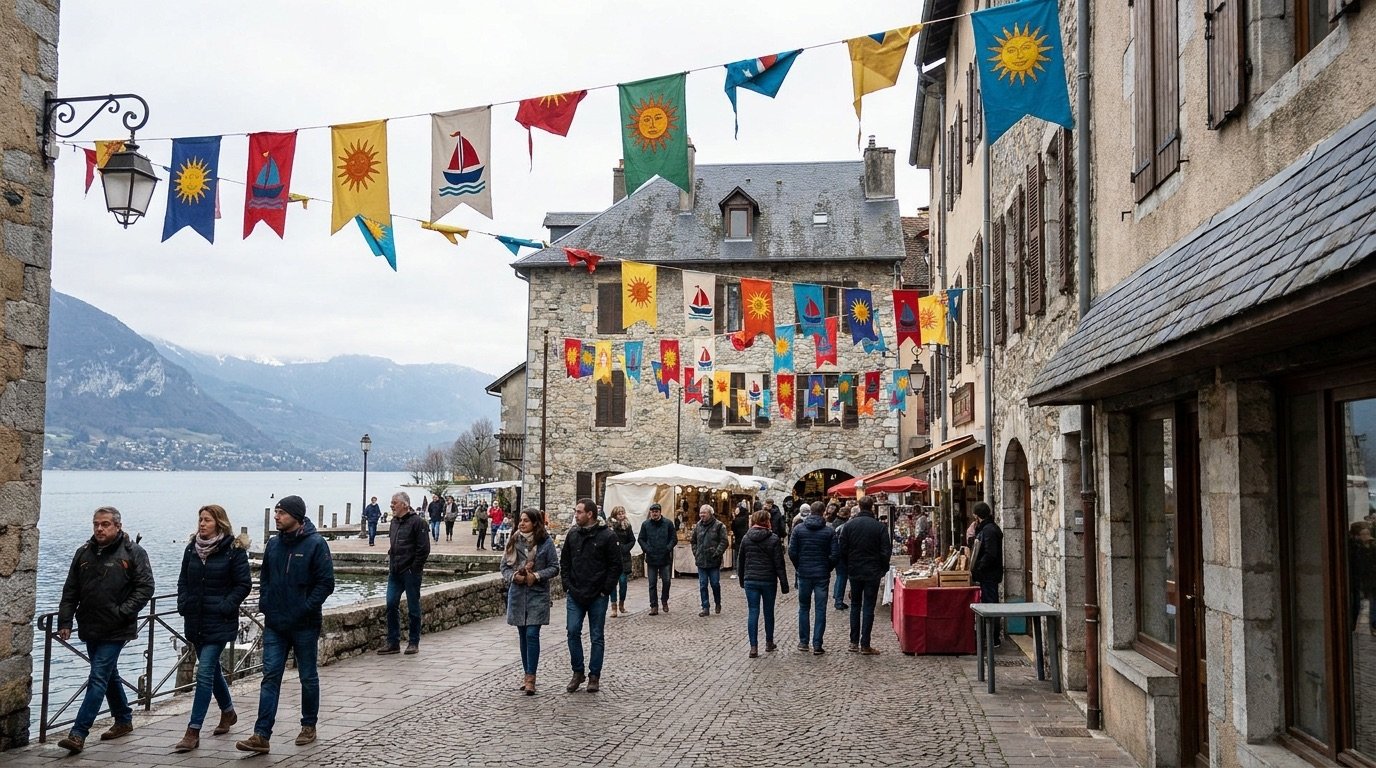 A lakeside French town with festival banners hung above the streets
