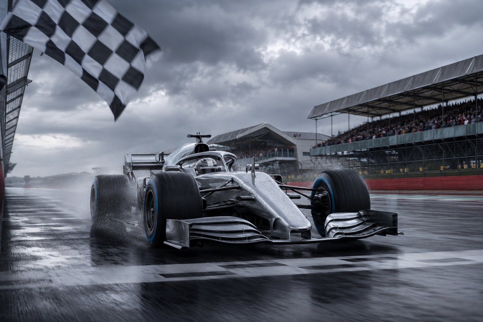 A Formula 1 car at speed through a fast corner at Silverstone