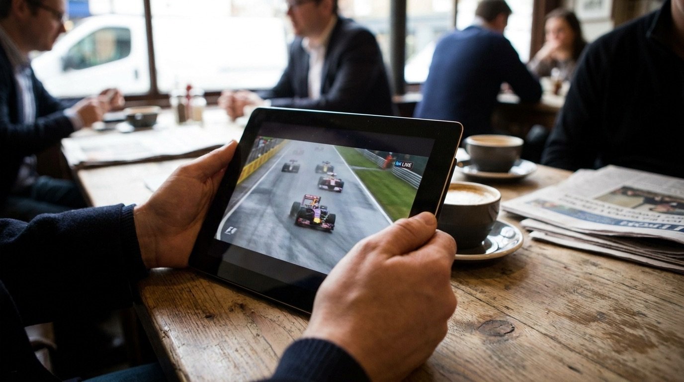 A motorsport broadcast streaming on a tablet device
