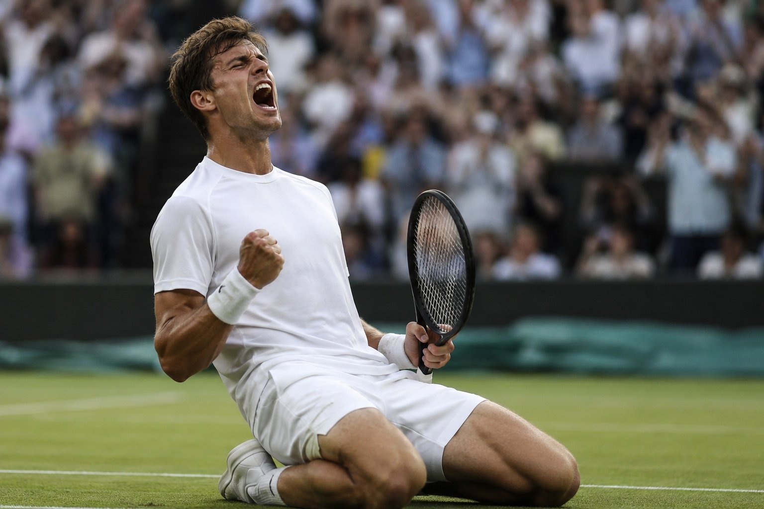 A tennis player celebrates on a Wimbledon grass court in front of a home crowd