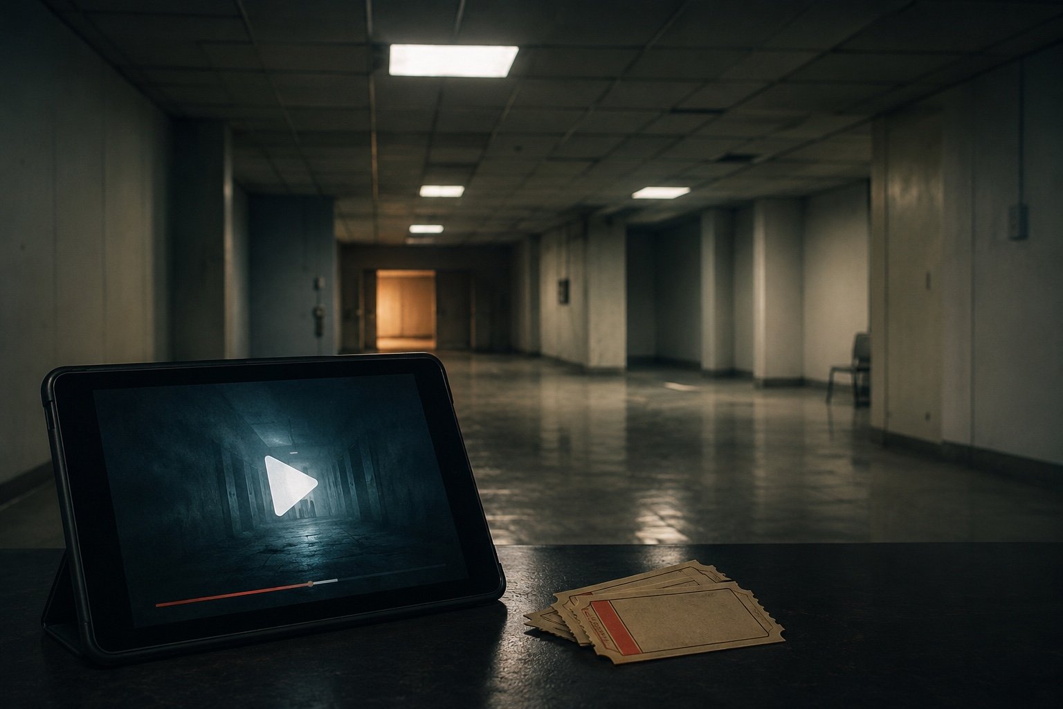 Empty yellow-lit liminal corridor evoking the Backrooms horror aesthetic