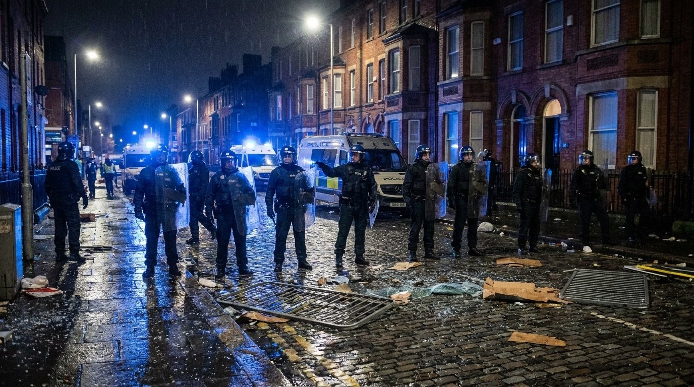 Police in protective gear standing on a debris-strewn street in Belfast at night
