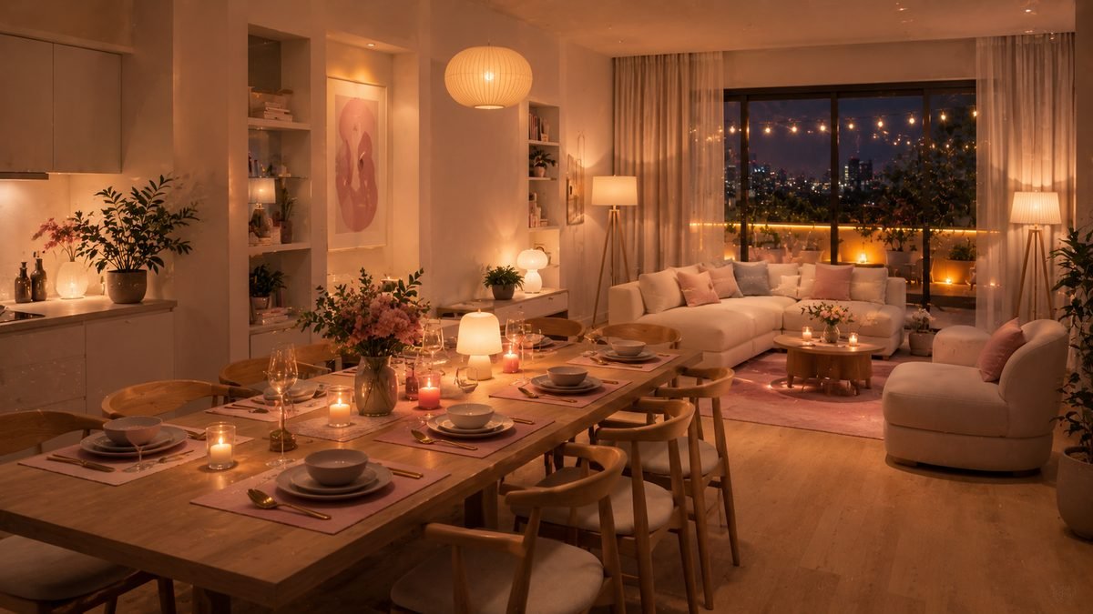 A warm, candlelit apartment set for a dinner date with a city skyline view