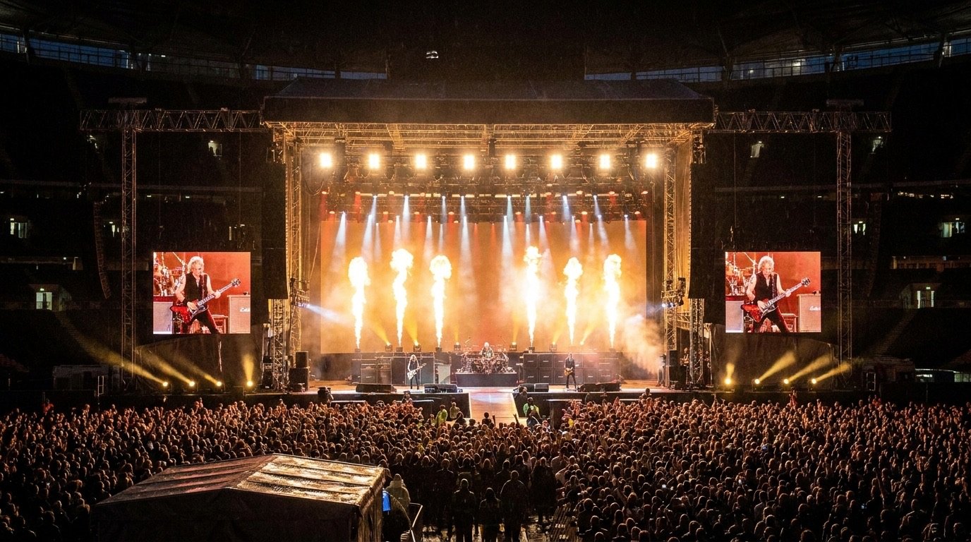 A large stadium concert stage lit up at night