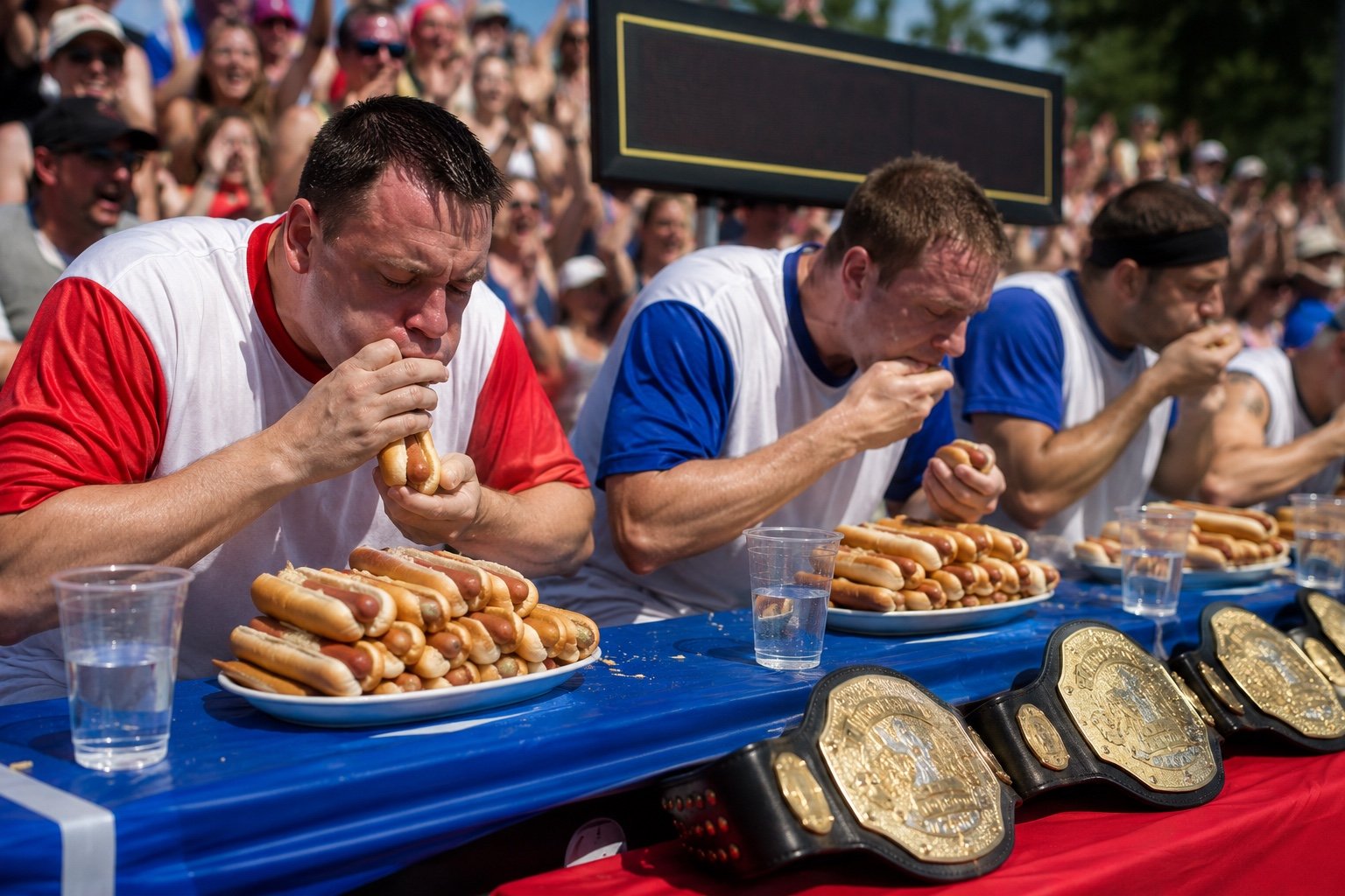 Competitive eaters on stage at the Nathan's Famous hot dog contest at Coney Island