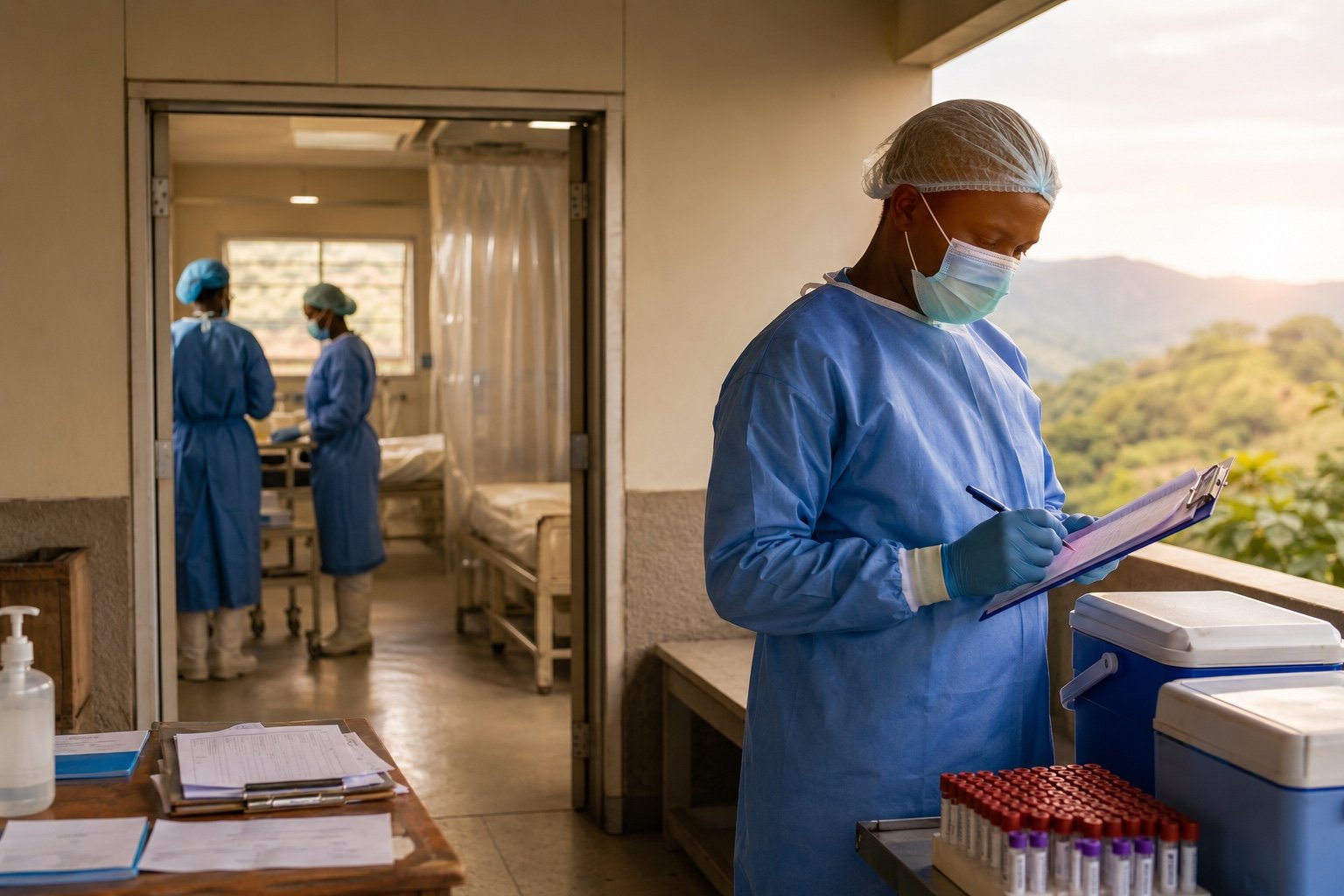 Medical workers in protective equipment at a treatment centre
