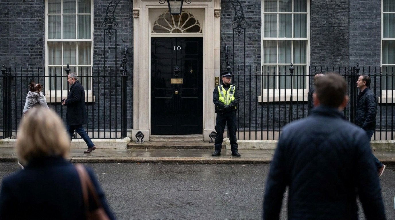 The black door of 10 Downing Street with a police officer standing outside
