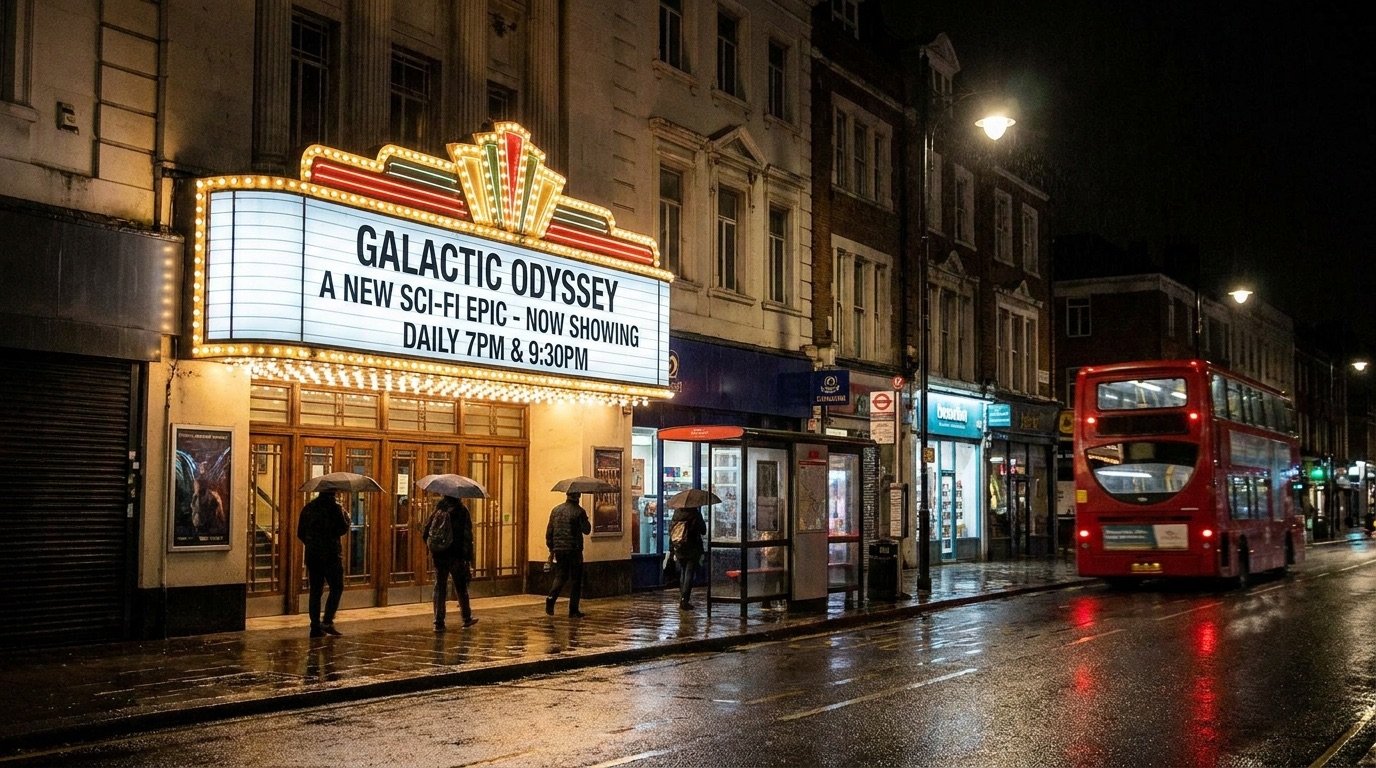 A cinema marquee at night advertising a new science-fiction blockbuster