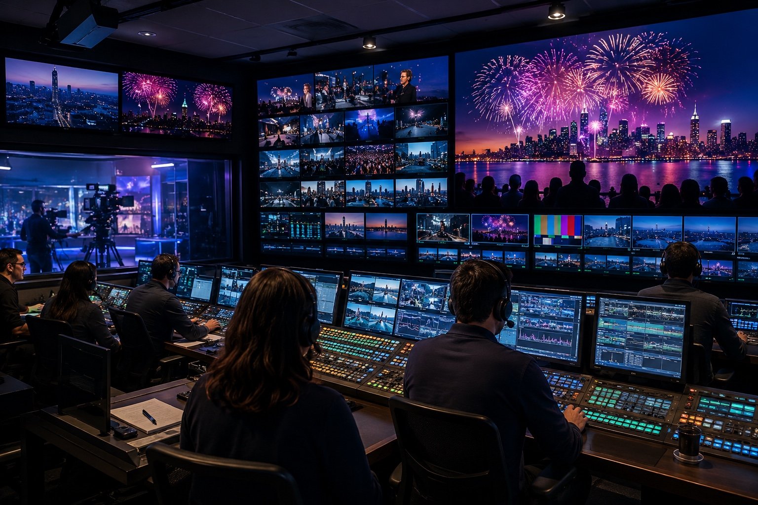 Fireworks over a city skyline framed by broadcast cameras