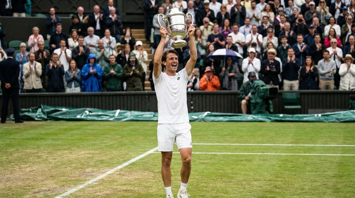 Tennis player celebrating with a trophy on a grass court