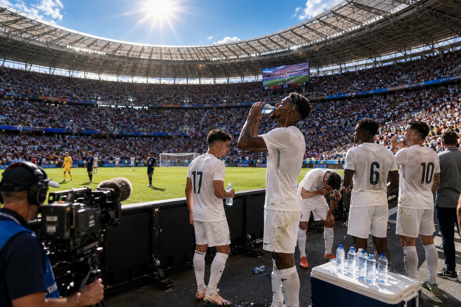 Footballers taking a drinks break on a sunlit pitch during a World Cup match