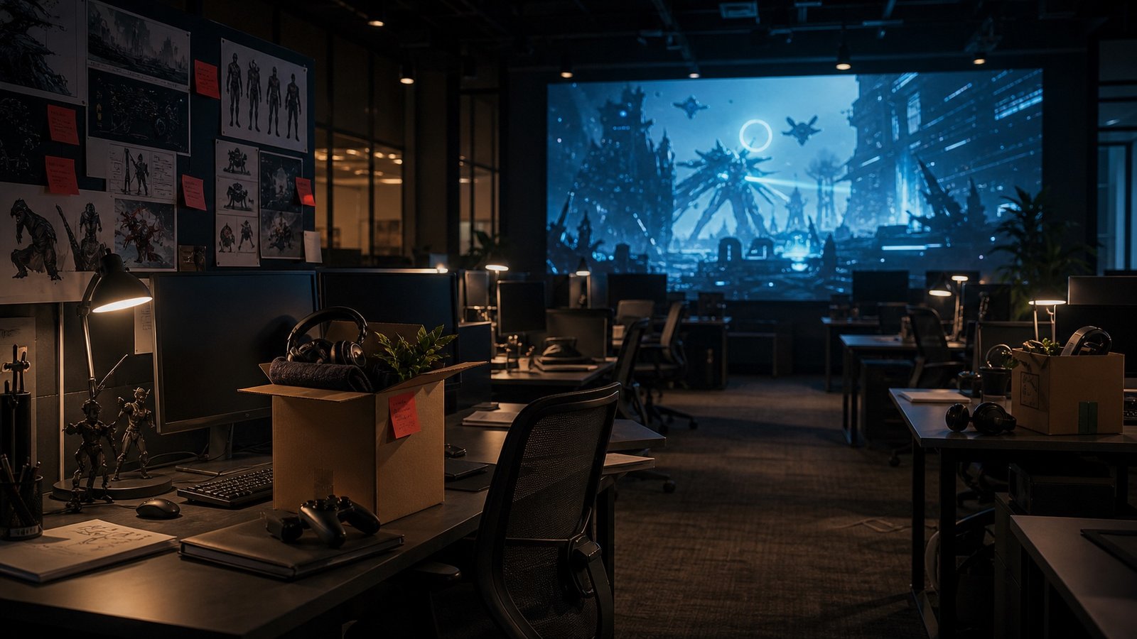 An empty game development studio with desks, concept boards and a glowing gameplay screen