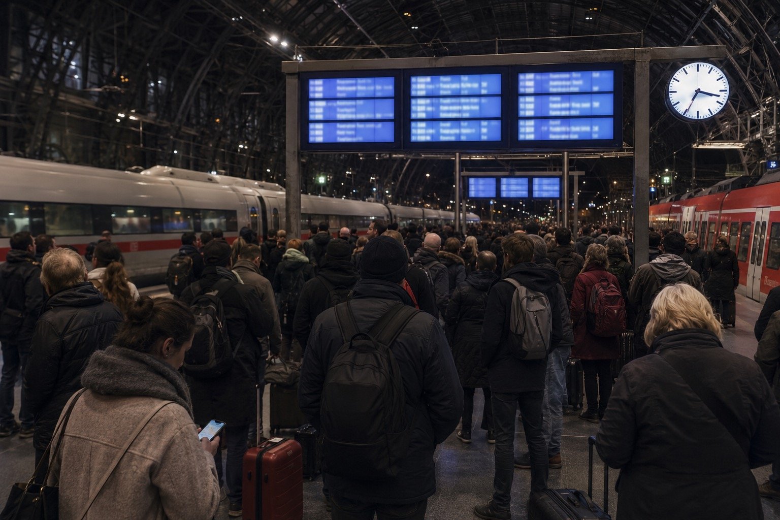 Empty railway platform at night during a service outage