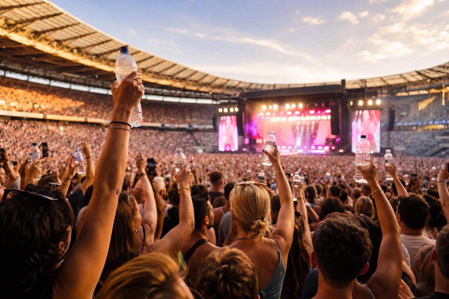 Crowd at Wembley Stadium during a Harry Styles concert in hot weather
