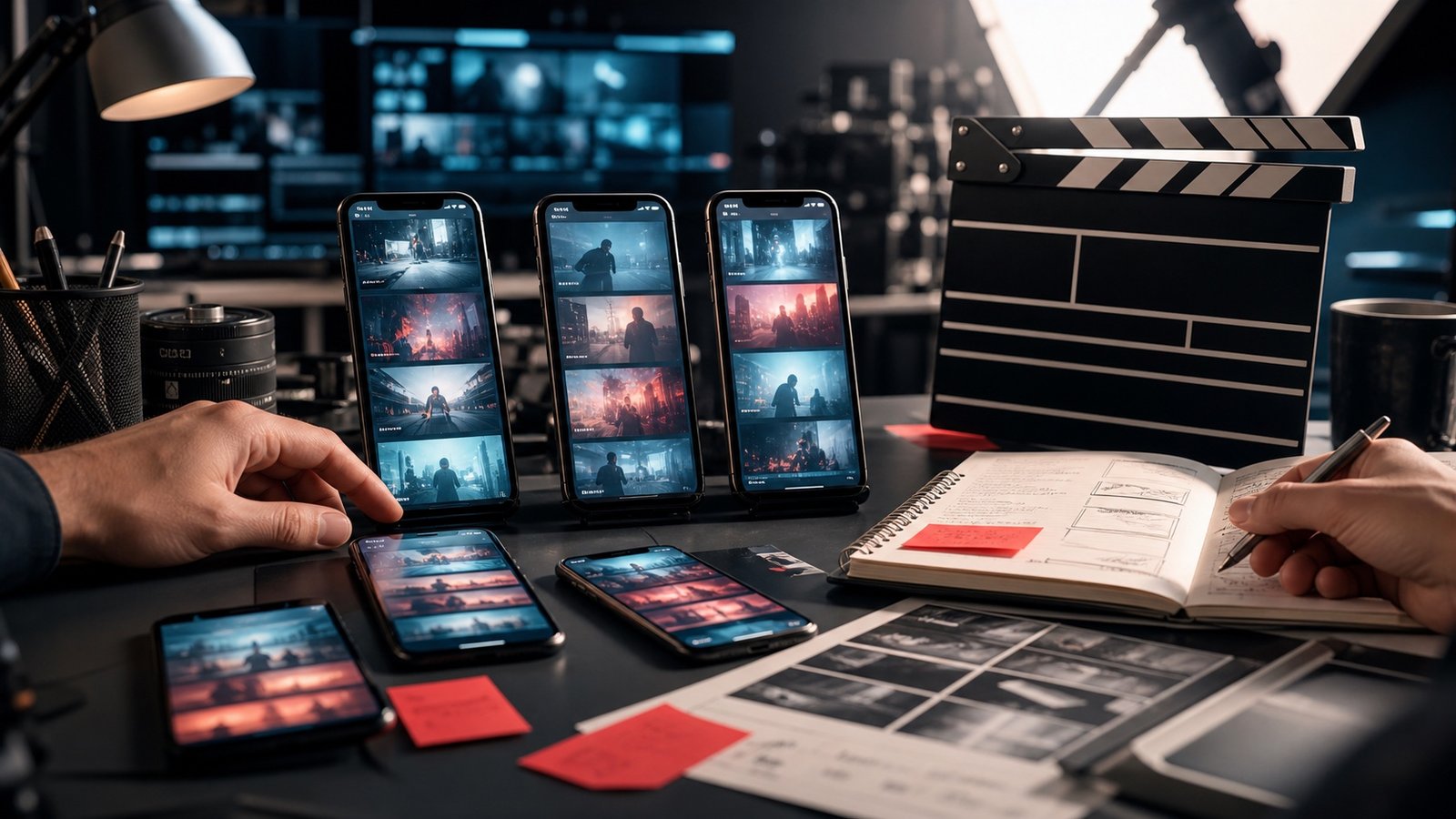 Smartphones, storyboards and production equipment arranged for a vertical video shoot