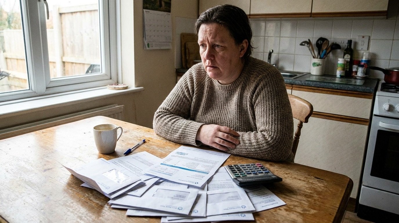 Person reviewing household bills at a kitchen table