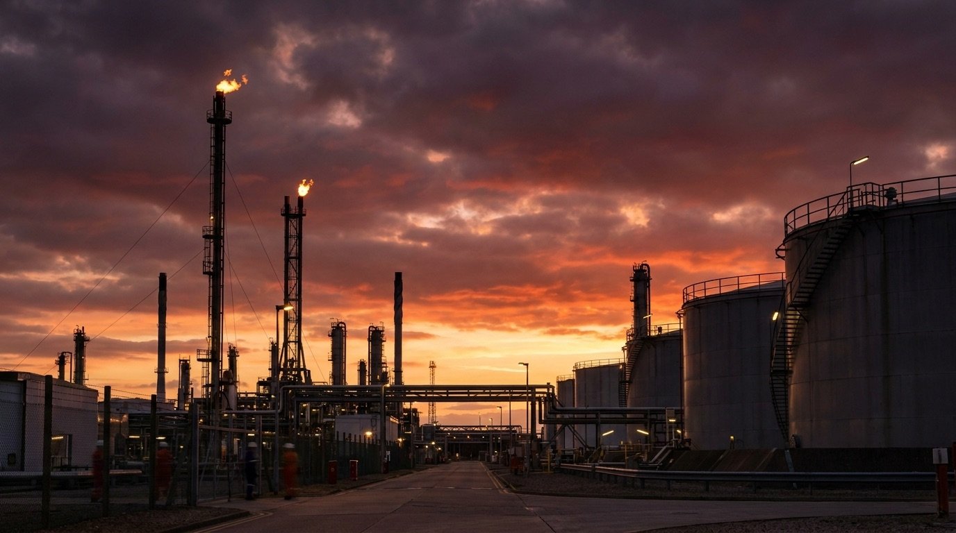 An oil refinery at dusk with storage tanks and flare stacks against an orange sky