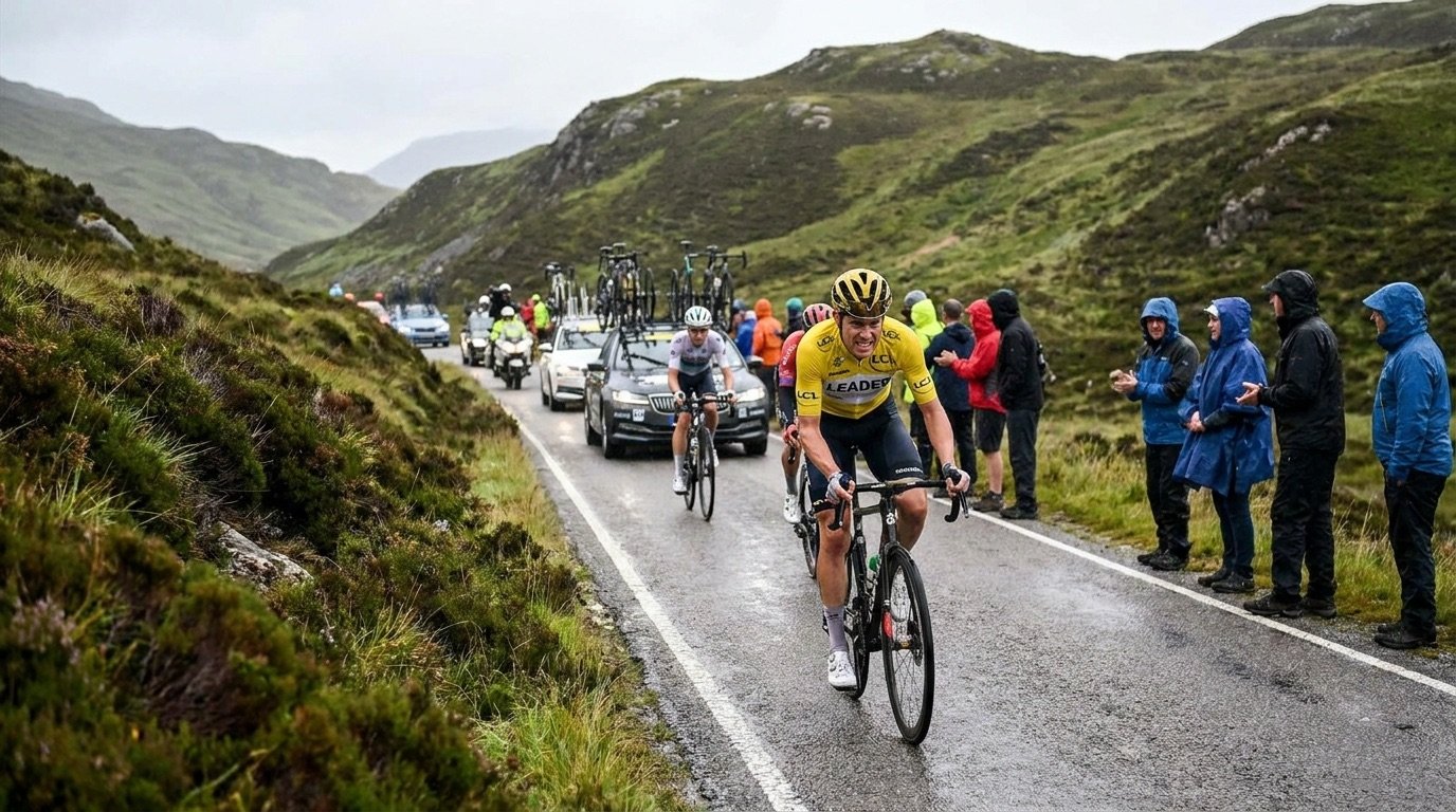 A cyclist in a leader's jersey climbs a mountain road during a stage race