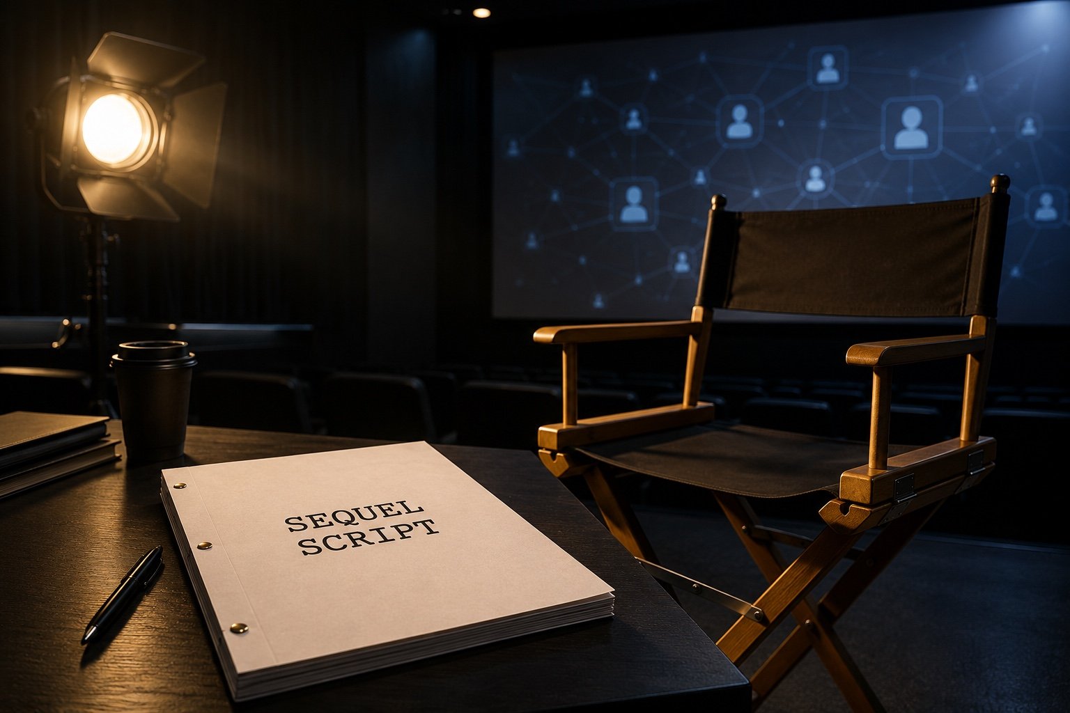 Film clapperboard and screenplay pages on a dimly lit studio desk