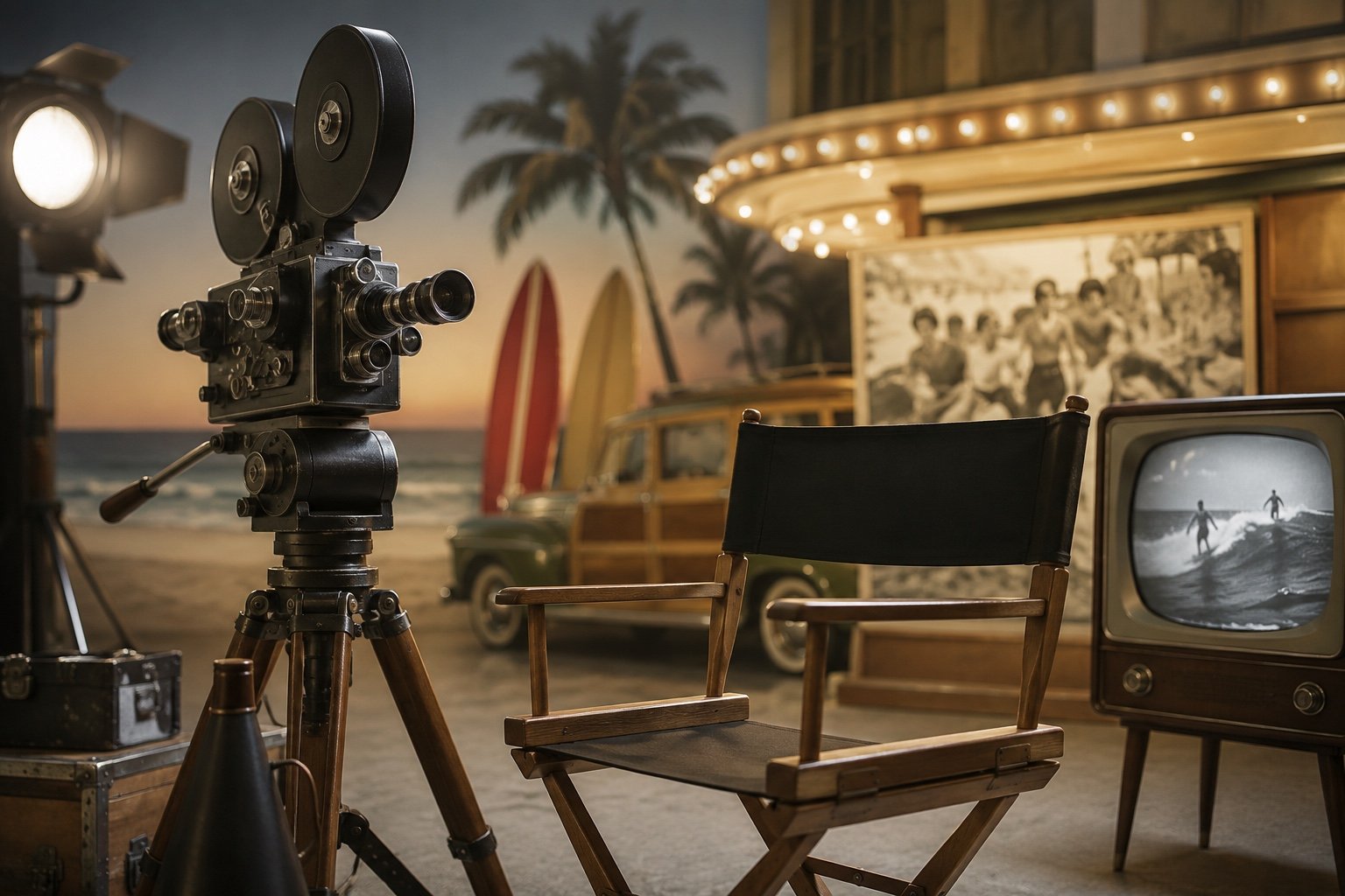 Vintage Hollywood soundstage with film lights and a director's chair