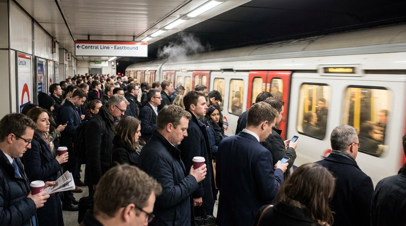 Crowded London Underground platform during the morning commute