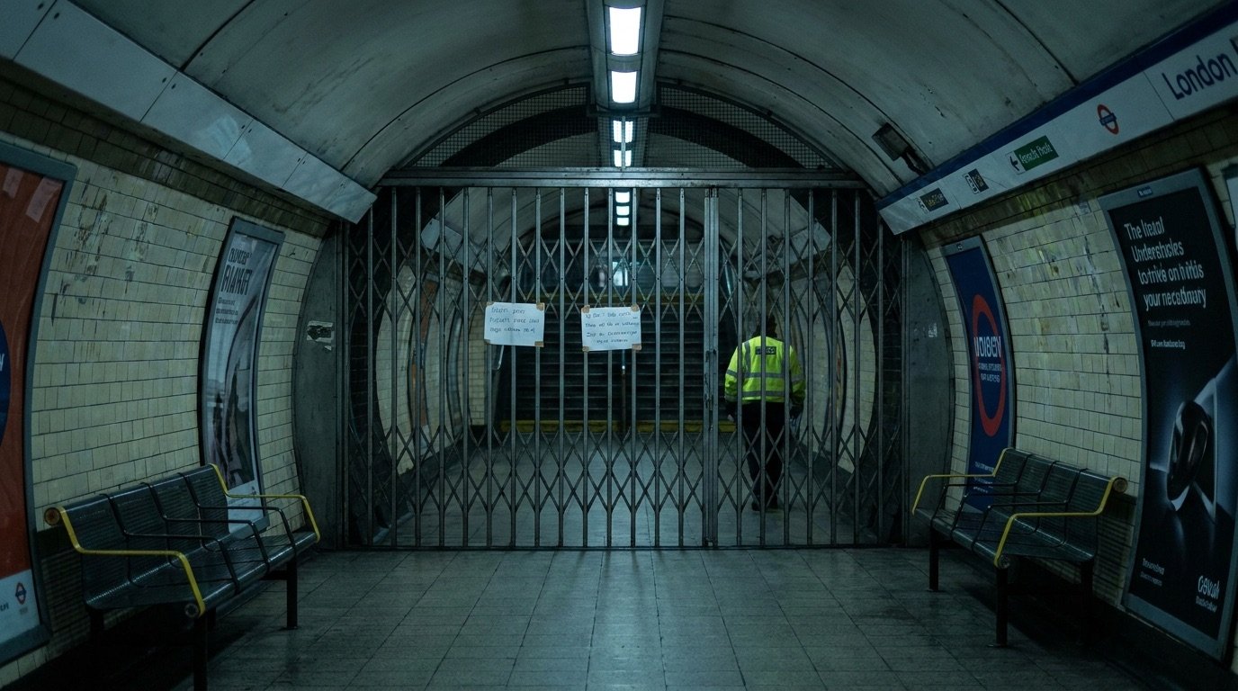 Empty London Underground platform with a closed gate during a strike