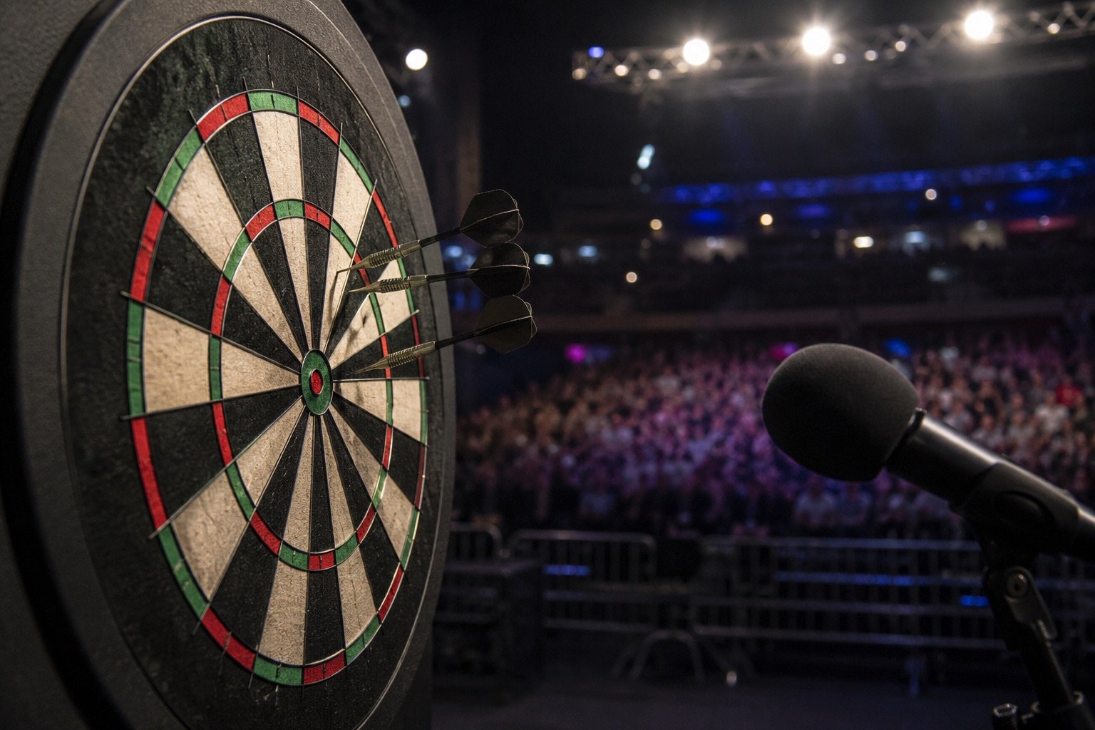 Luke Littler on stage at a packed darts arena