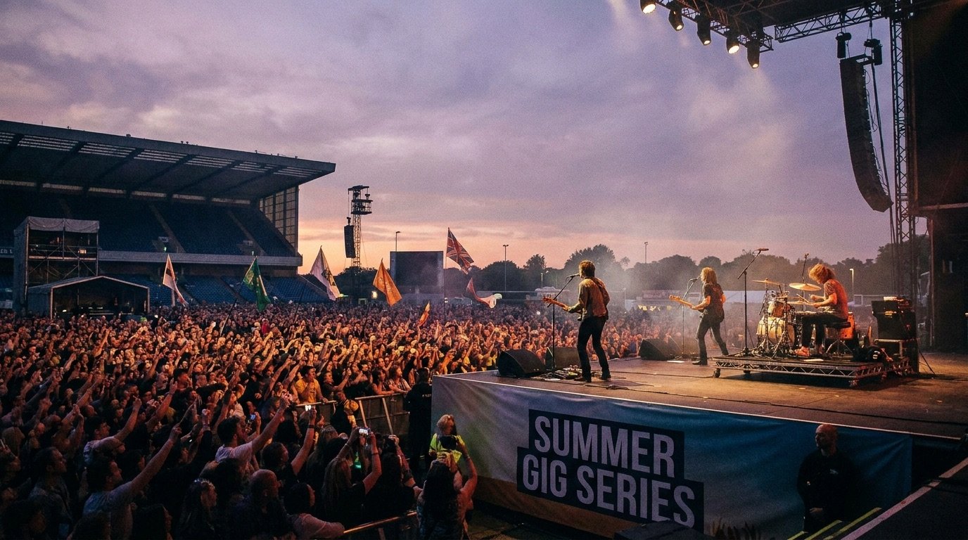 A rock band performing in a packed outdoor stadium at dusk
