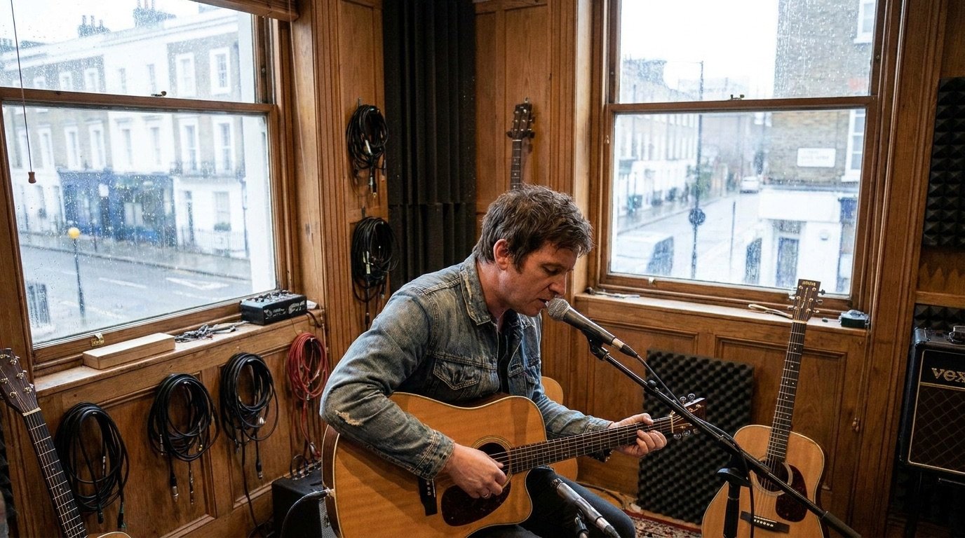 A singer-songwriter with an acoustic guitar in a recording studio