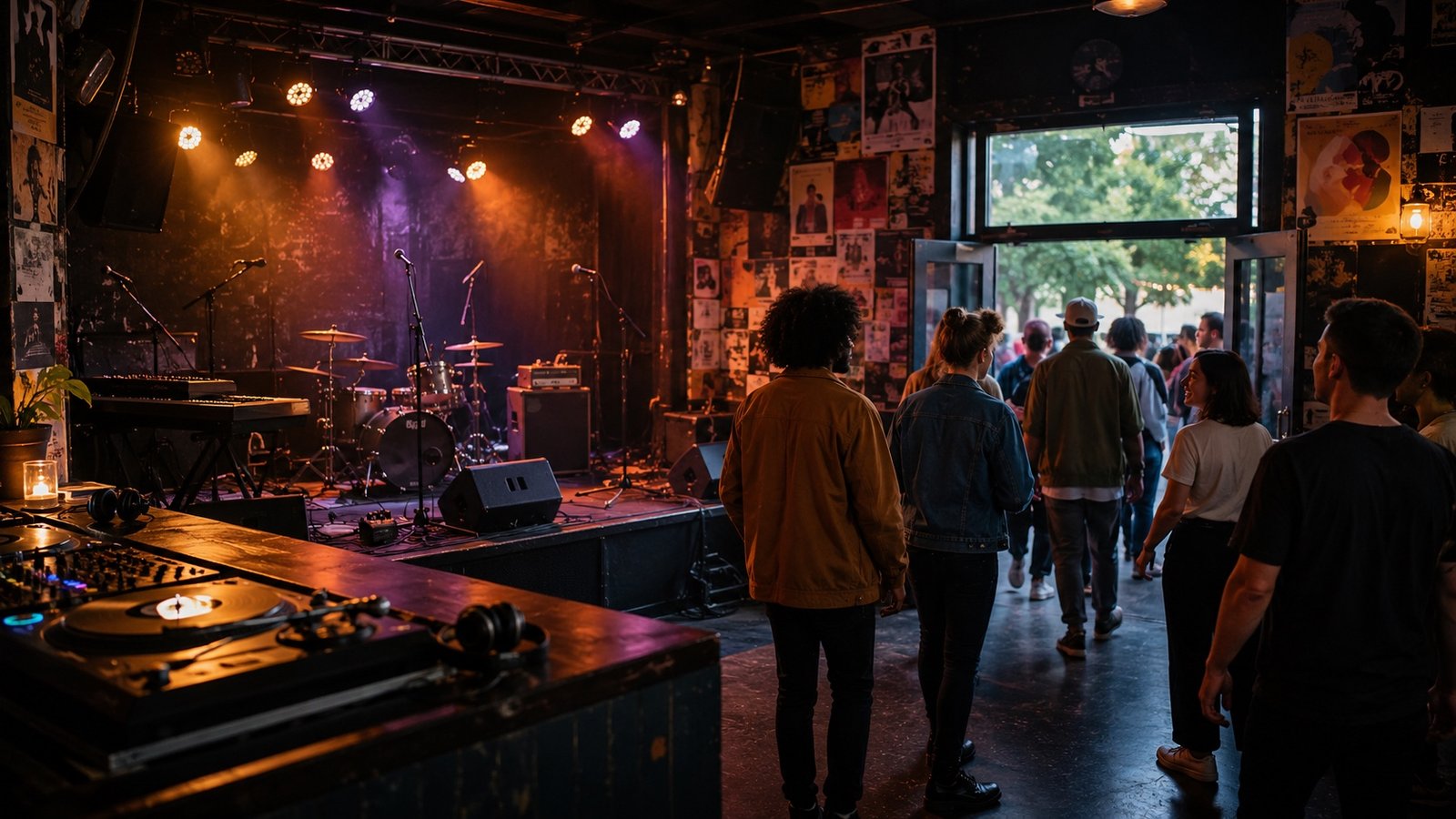 Crowd and DJ at a small live music venue lit in warm colours