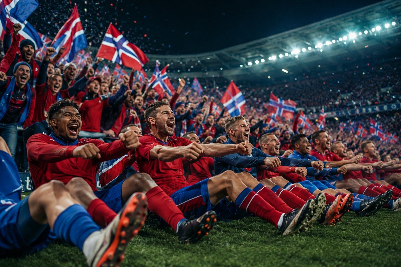 Footballers celebrating together during a World Cup match