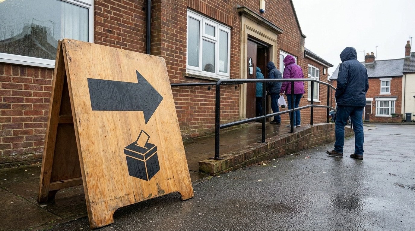 A polling station sign outside a community hall on election day