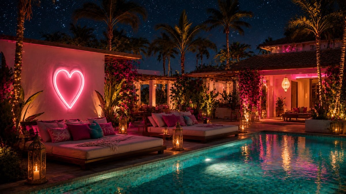 A tropical dating villa at night with a glowing neon heart and lantern-lit pool