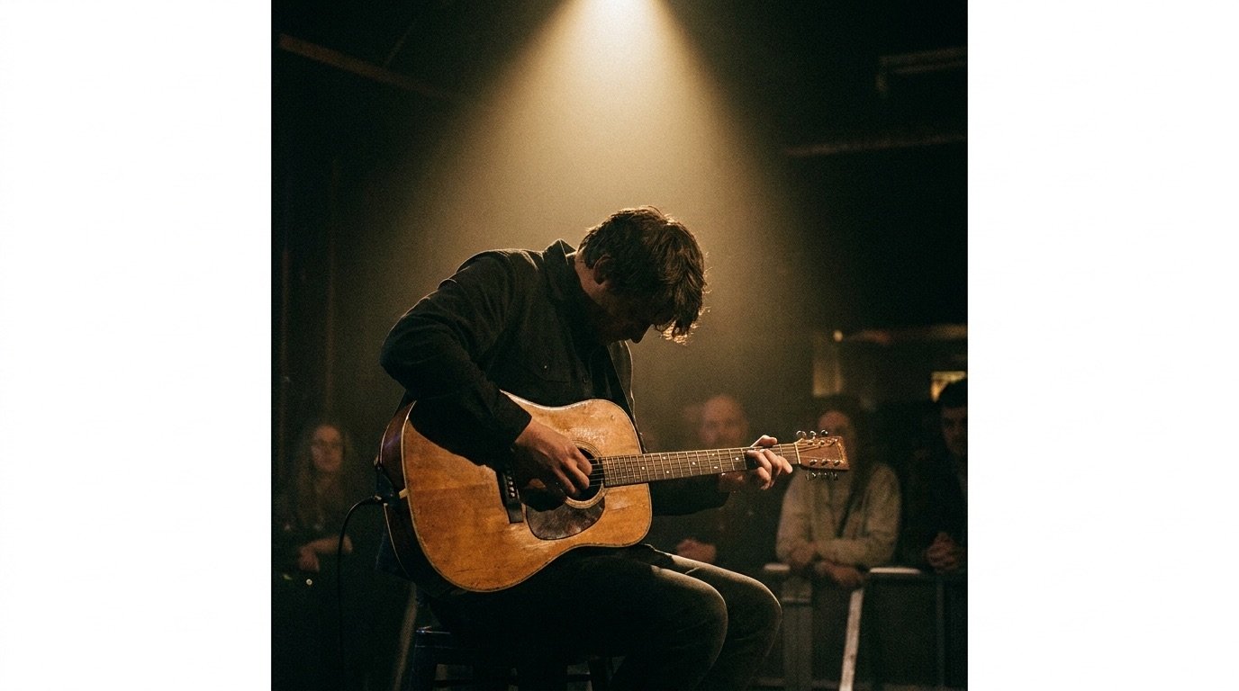 A solo musician performing under a single spotlight with an acoustic guitar