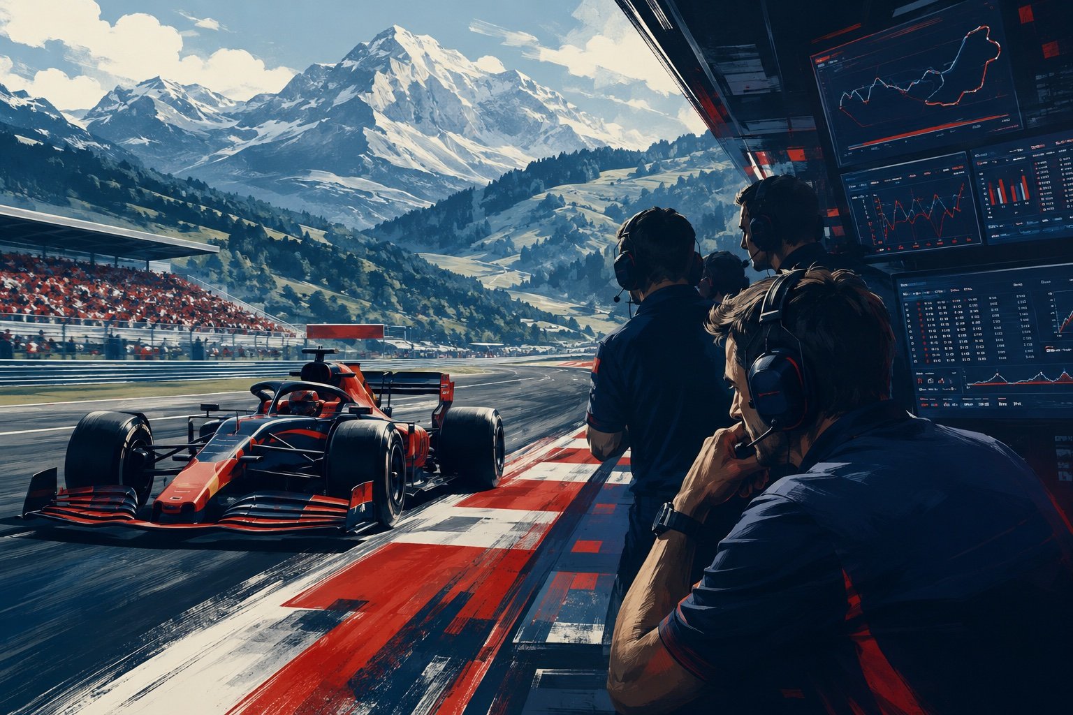 Formula 1 car speeding along a mountain circuit straight under bright daylight