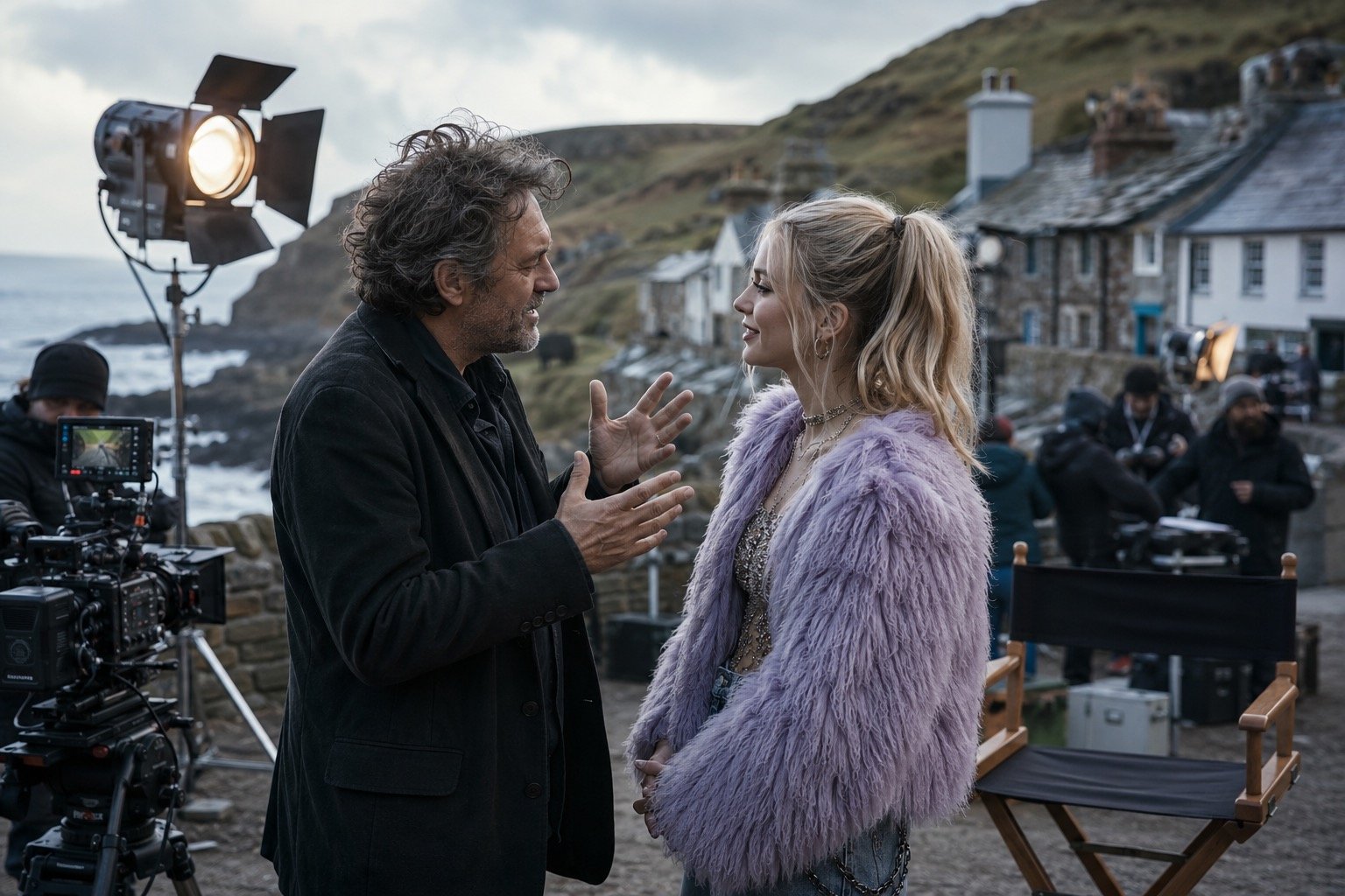 Film set with cameras and crew at a location in Wales