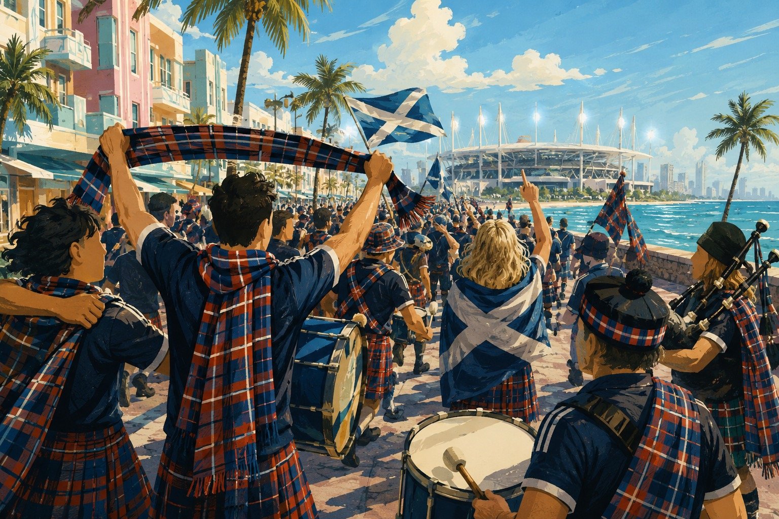 Football supporters celebrating in a sunny seafront setting