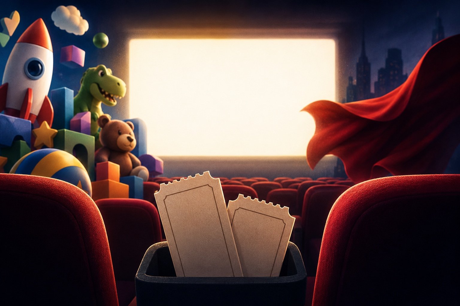 Cinema marquee and audience silhouettes representing the summer box office battle