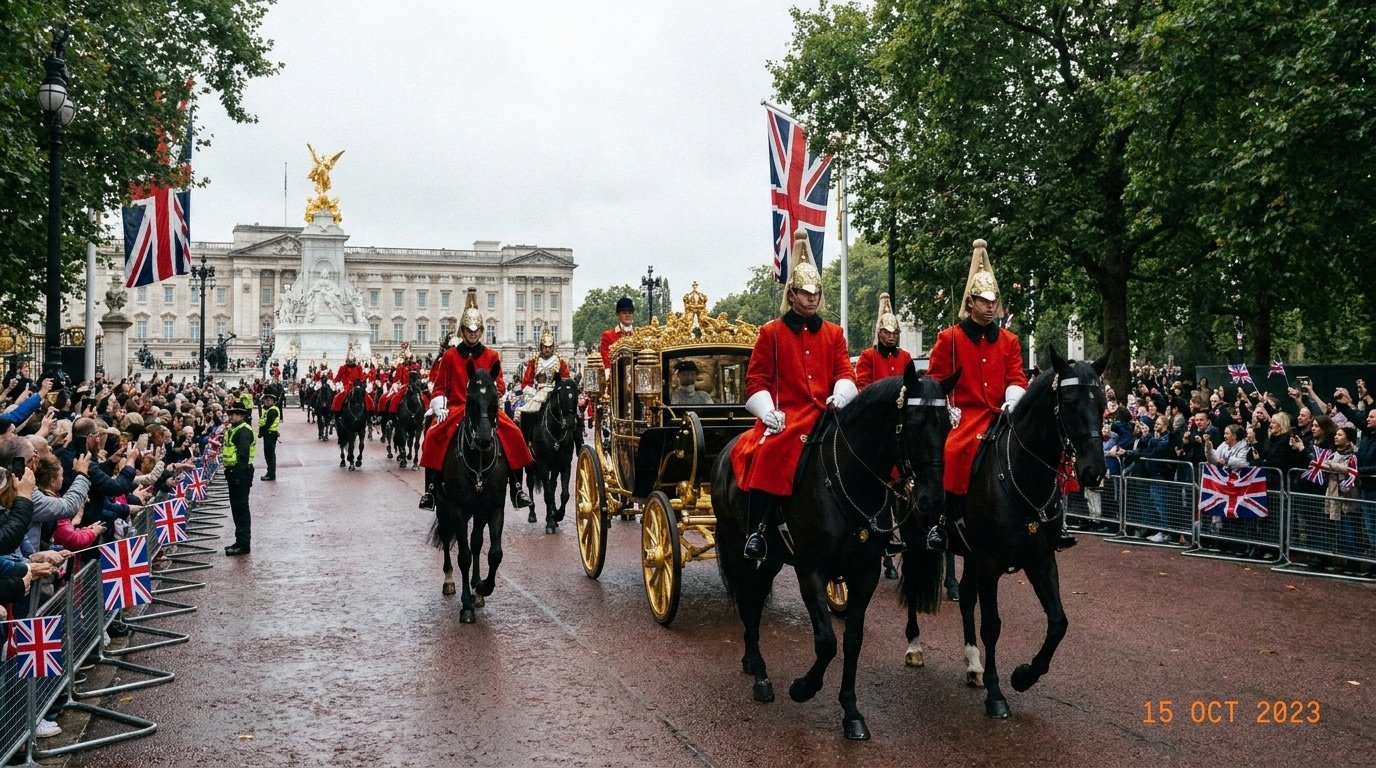 Ceremonial military parade with mounted guards and a royal carriage in London