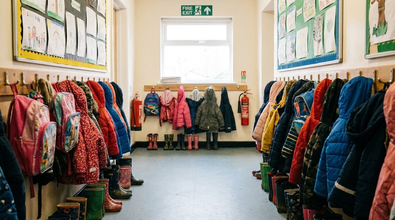 Children's coats and bags hanging on pegs in a primary school corridor