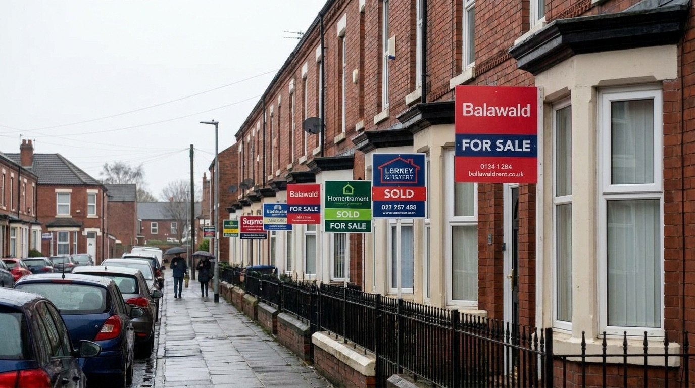 Row of British terraced houses with estate agent for sale signs