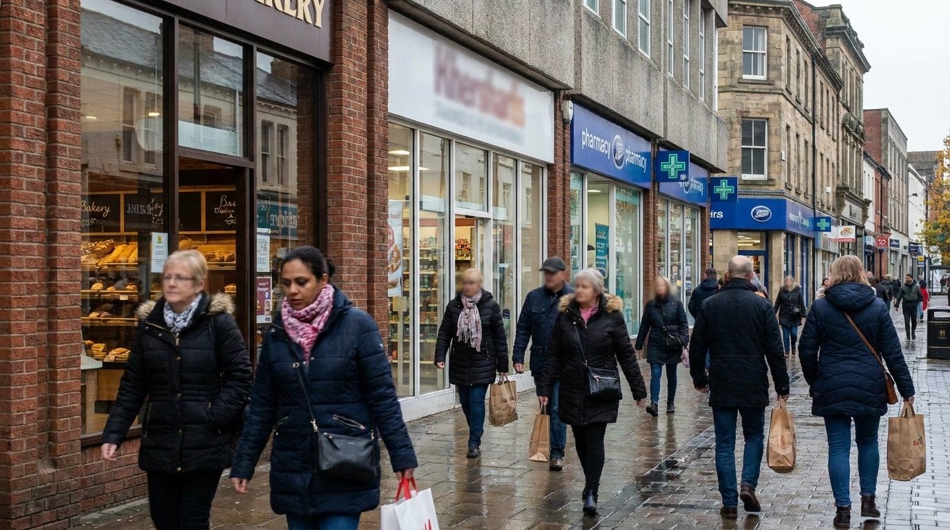 Shoppers walking past store fronts on a British high street