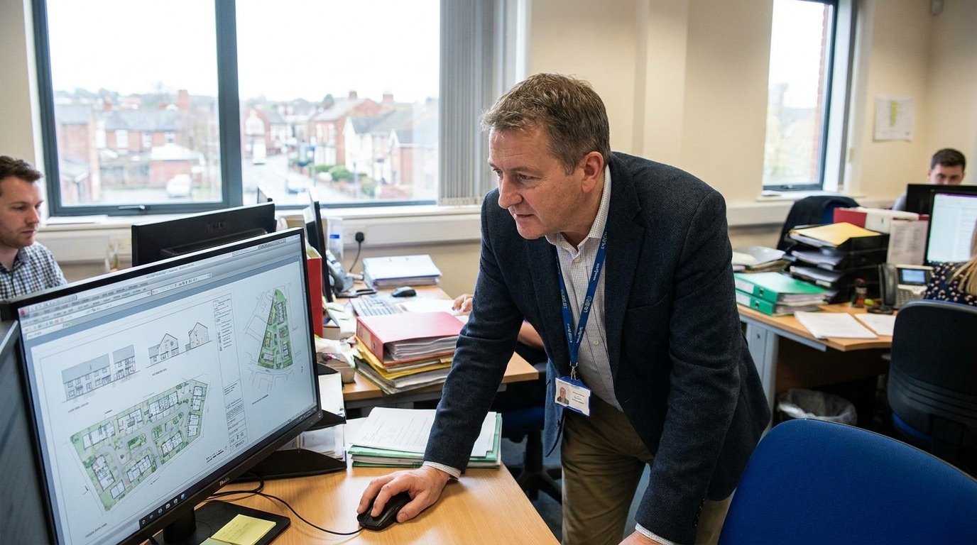 A planning officer reviewing housing development drawings on a computer screen in a council office