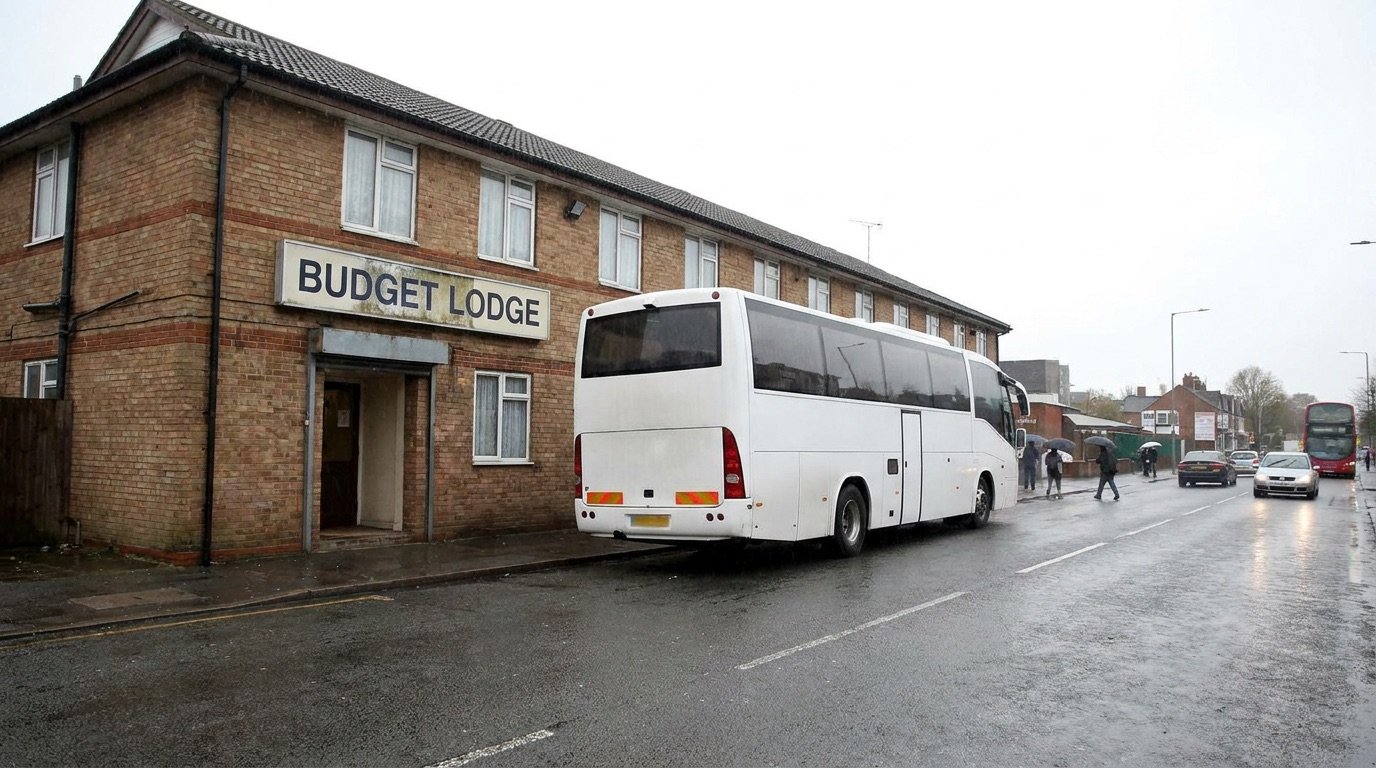 A budget hotel exterior with a coach parked outside on a grey UK street
