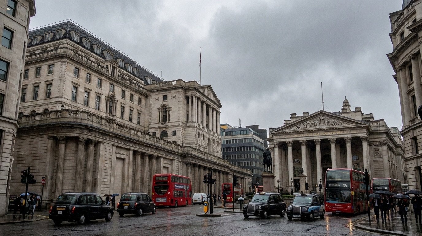 The Bank of England building in the City of London under a grey sky