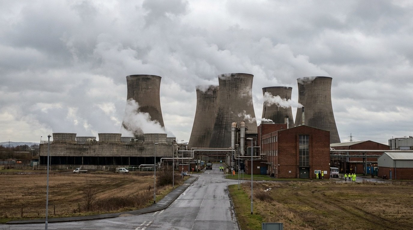 Steam rising from industrial cooling towers at a UK manufacturing plant under a grey sky