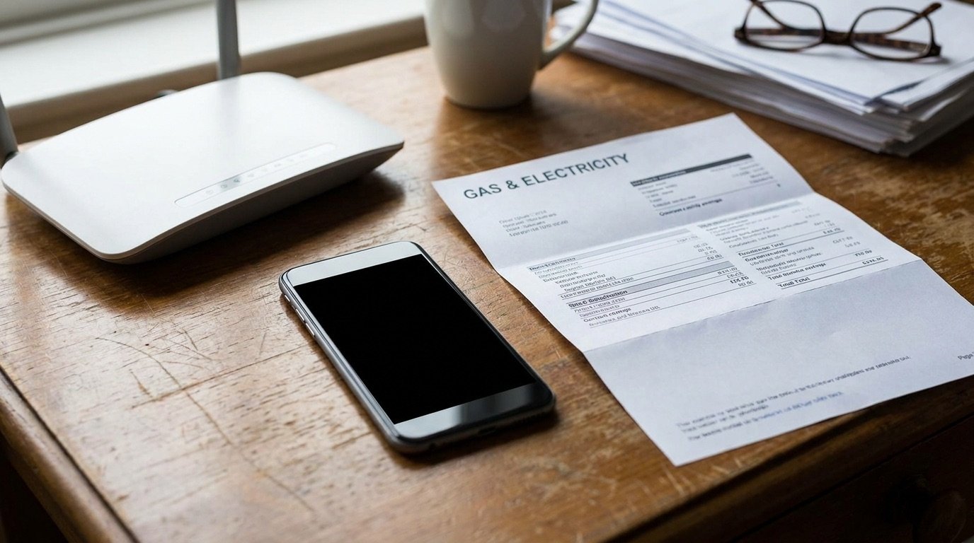 Wi-Fi router and smartphone on a desk next to a paper utility bill in a UK home